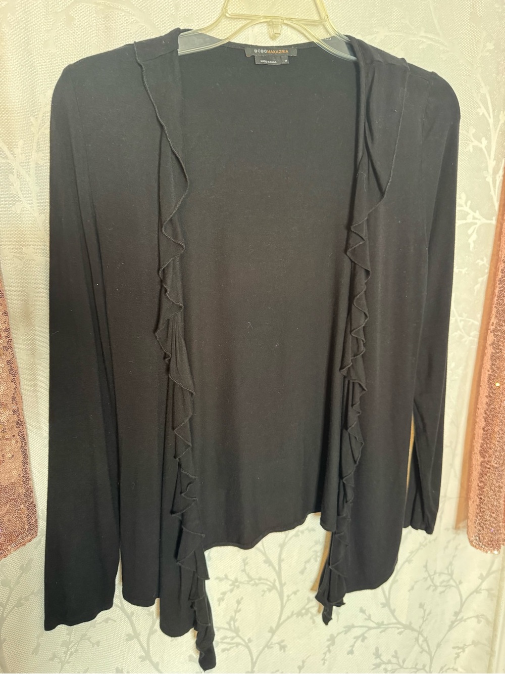 BCBGMaxAzria Black Ruffle-Trim Open Cardigan